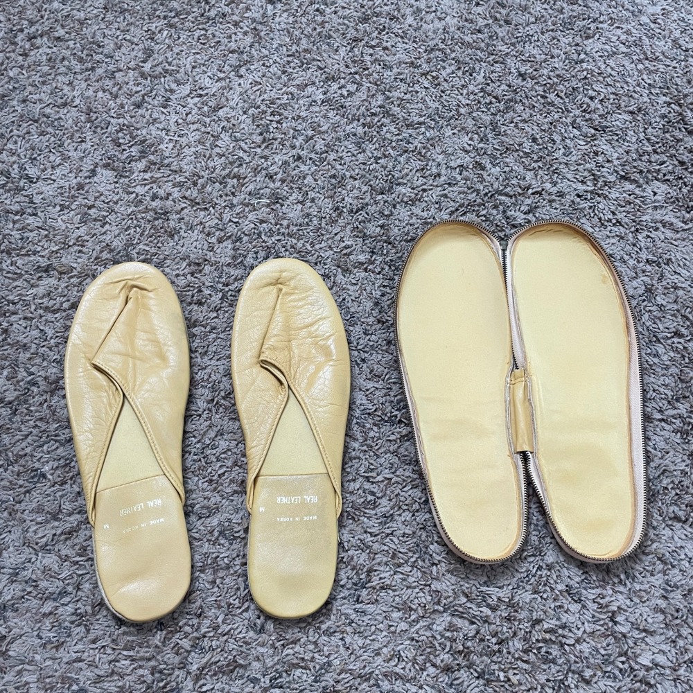 Vintage Yellow‎ Real Leather Travel Slippers with Zippered Case M READ